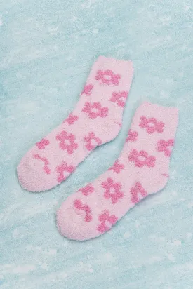 Dark Pink 60s Flower Pattern Coral Velvet Socks