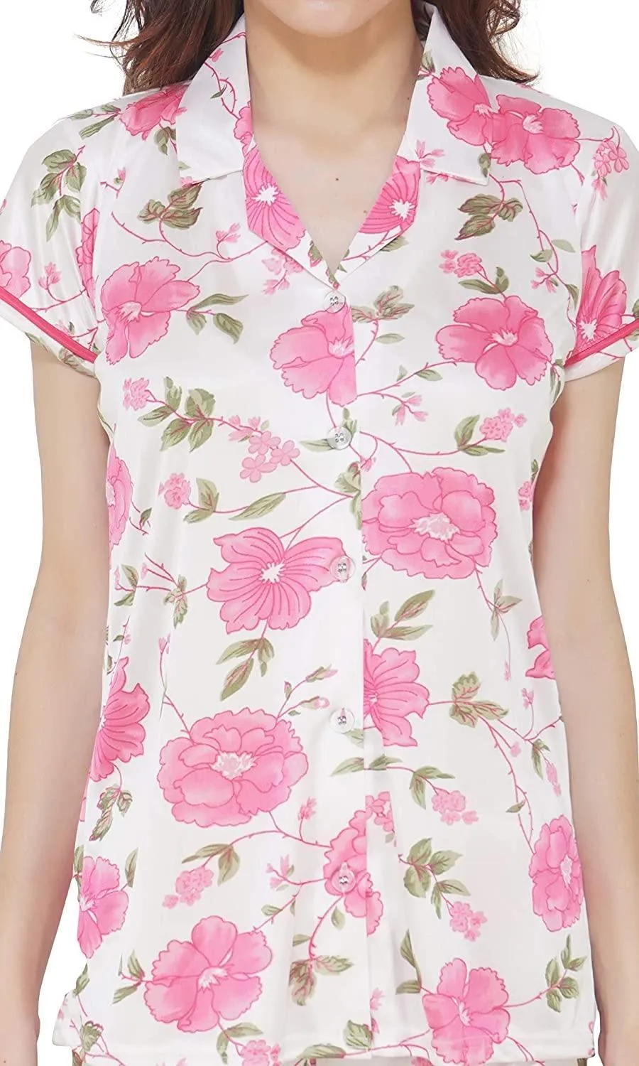 Designer mart Women's Printed Satin Top & Pyjama Set Pink for Women & Girls