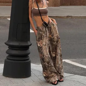 Fall Women Clothing Retro Drawstring Elastic Draped Casual Pants Printed Loose All Match Wide Leg Pants