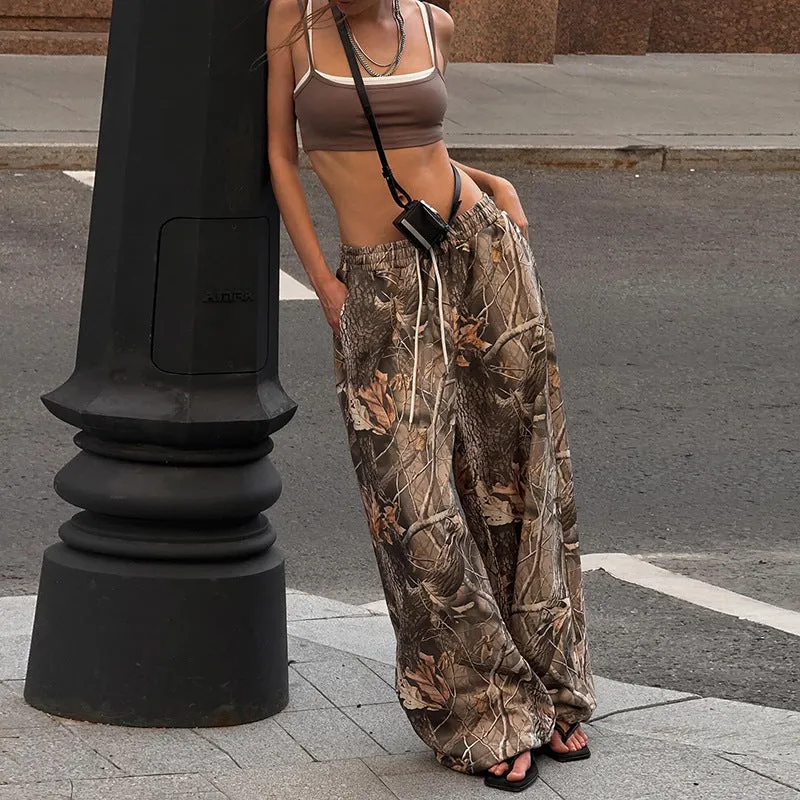 Fall Women Clothing Retro Drawstring Elastic Draped Casual Pants Printed Loose All Match Wide Leg Pants