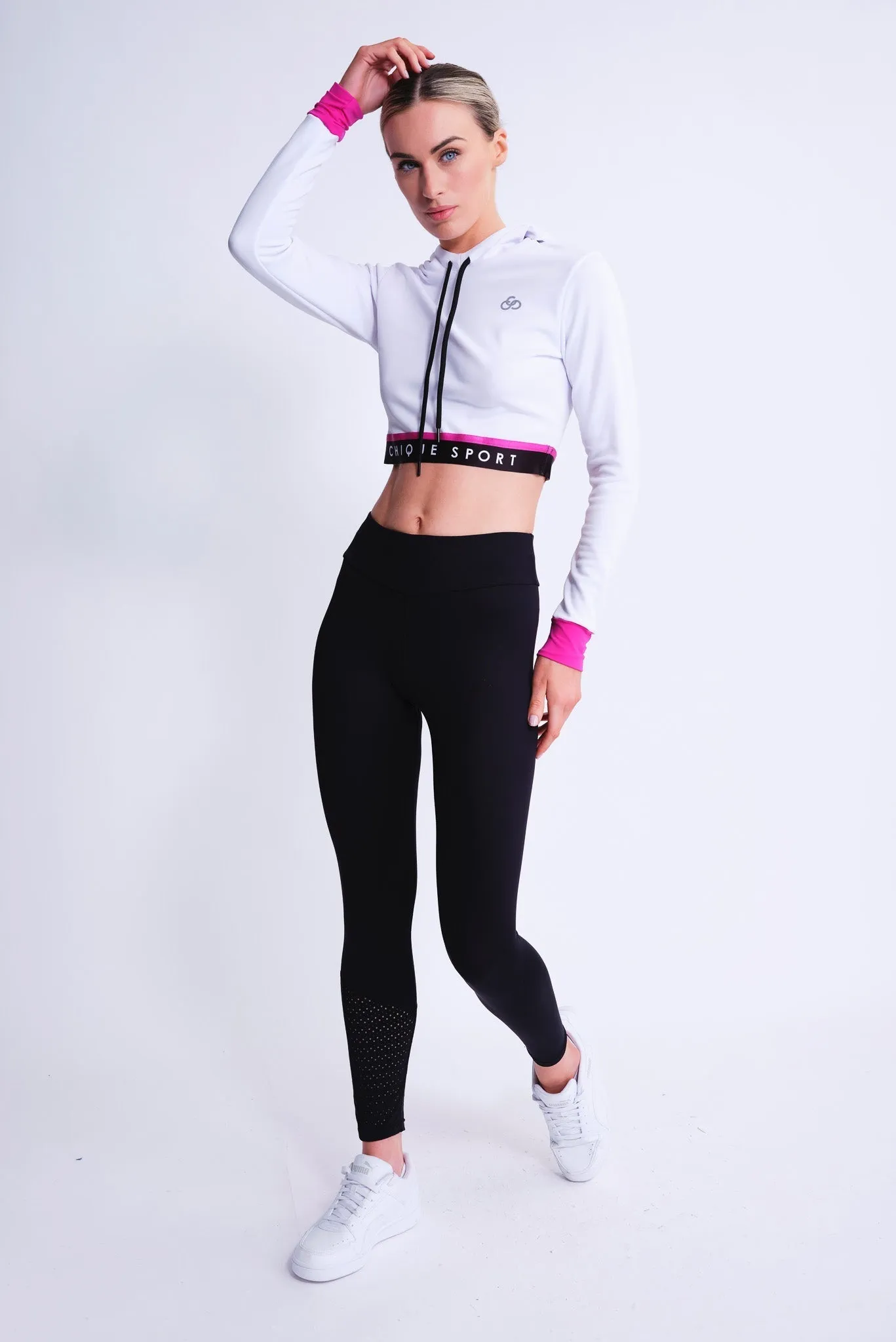 White and Fuchsia Fearless Cropped Hoodie: Optimal Title for E-commerce Product