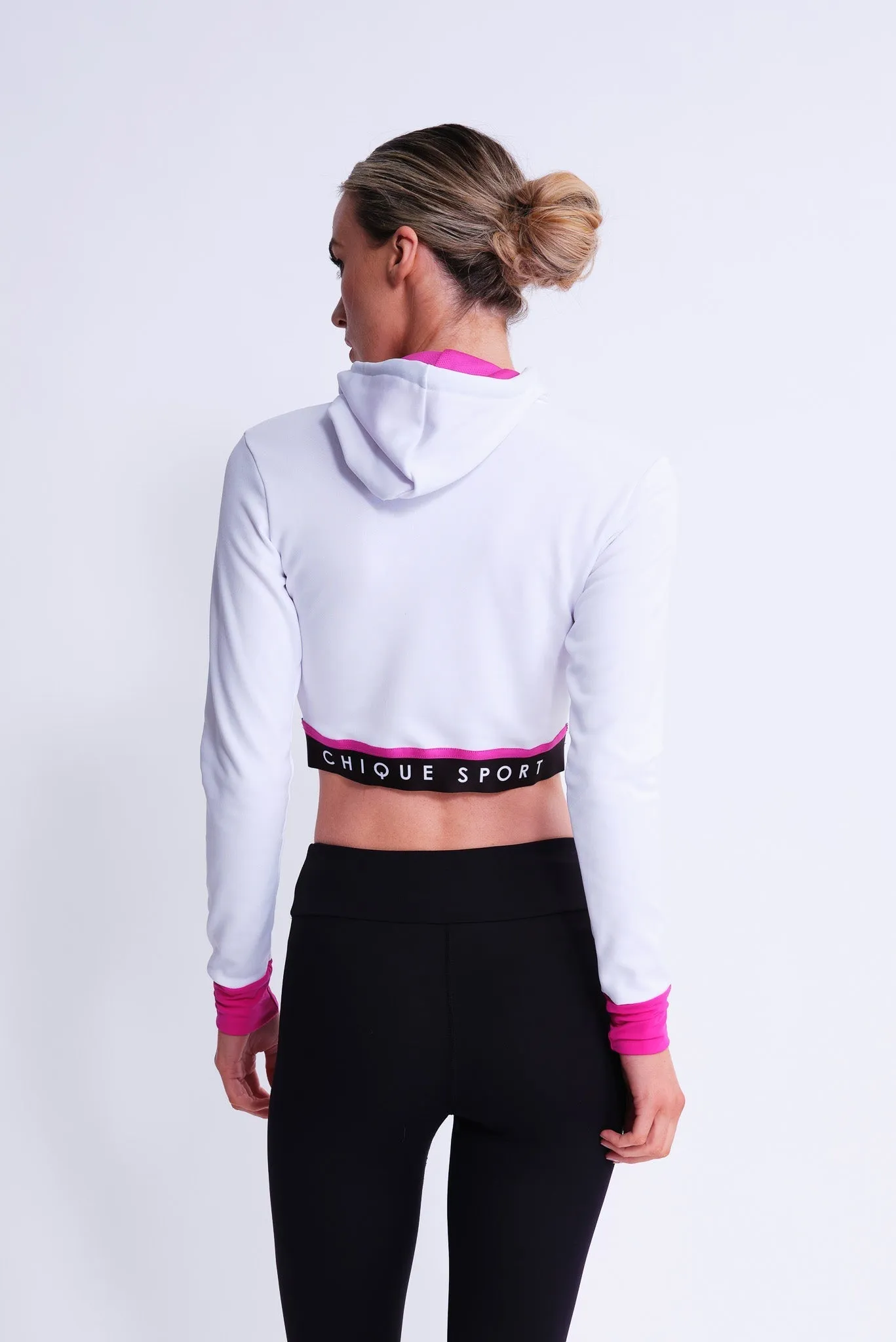 White and Fuchsia Fearless Cropped Hoodie: Optimal Title for E-commerce Product