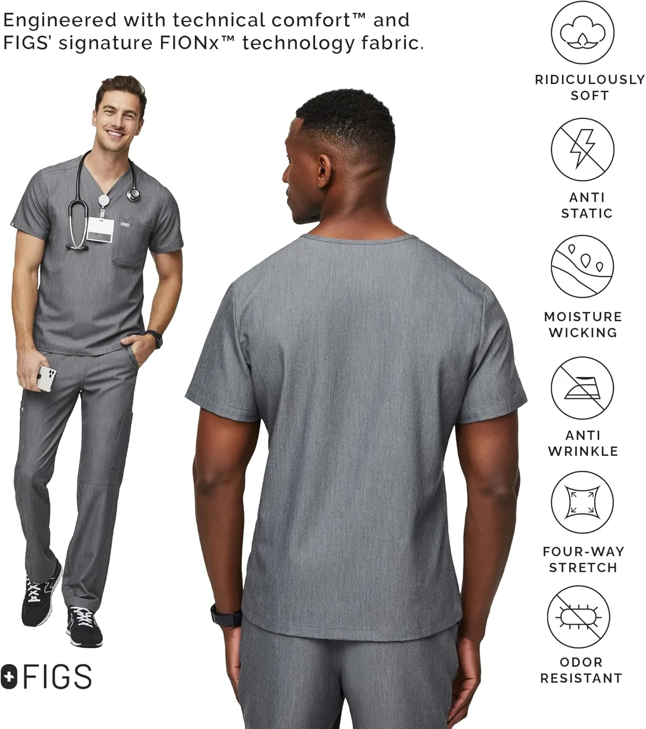 FIGS Leon Scrub Top for Men  3 Pockets, Tailored Fit, Modern V-Neck, 4-Way Stretch, Moisture-Wicking