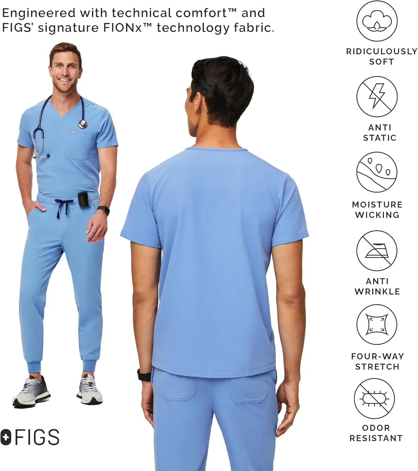 FIGS Leon Scrub Top for Men  3 Pockets, Tailored Fit, Modern V-Neck, 4-Way Stretch, Moisture-Wicking