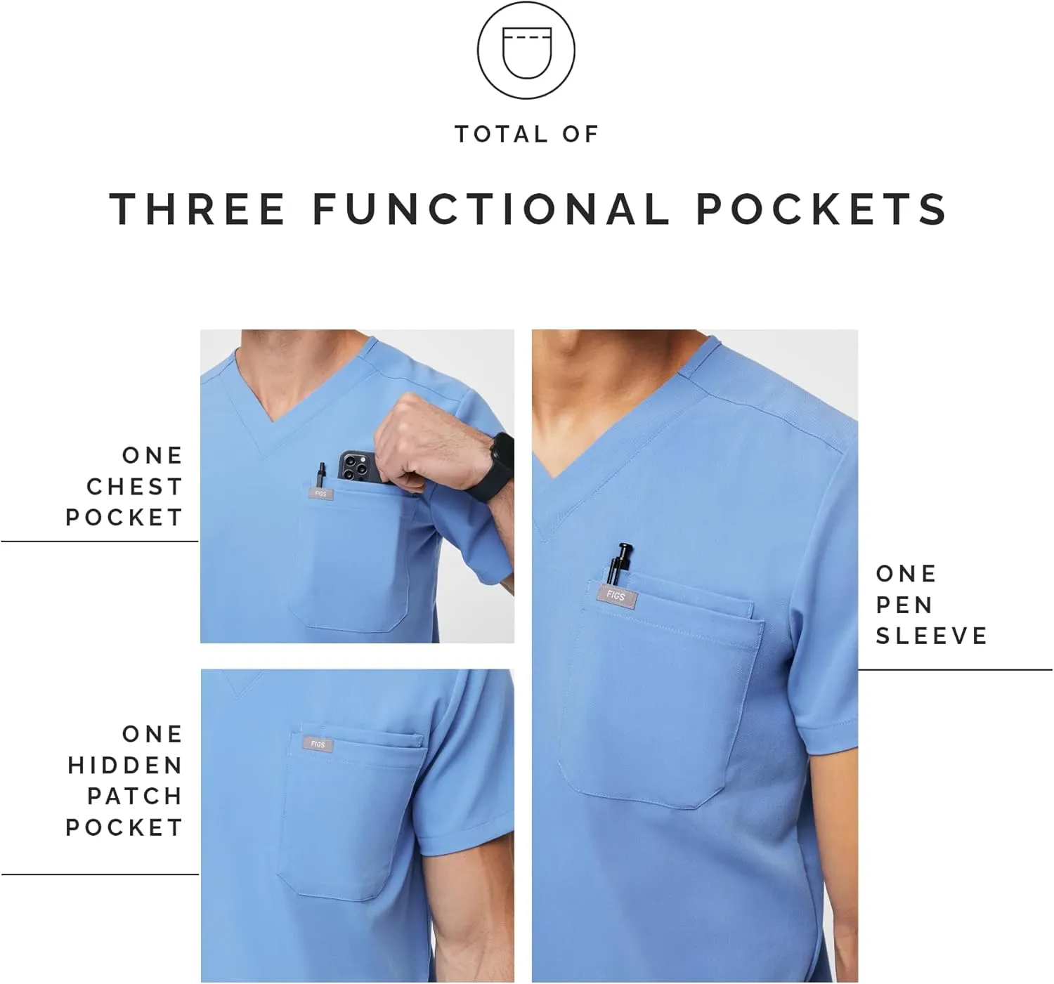 FIGS Leon Scrub Top for Men  3 Pockets, Tailored Fit, Modern V-Neck, 4-Way Stretch, Moisture-Wicking