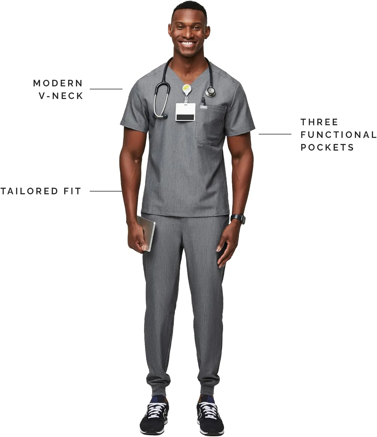 FIGS Leon Scrub Top for Men  3 Pockets, Tailored Fit, Modern V-Neck, 4-Way Stretch, Moisture-Wicking