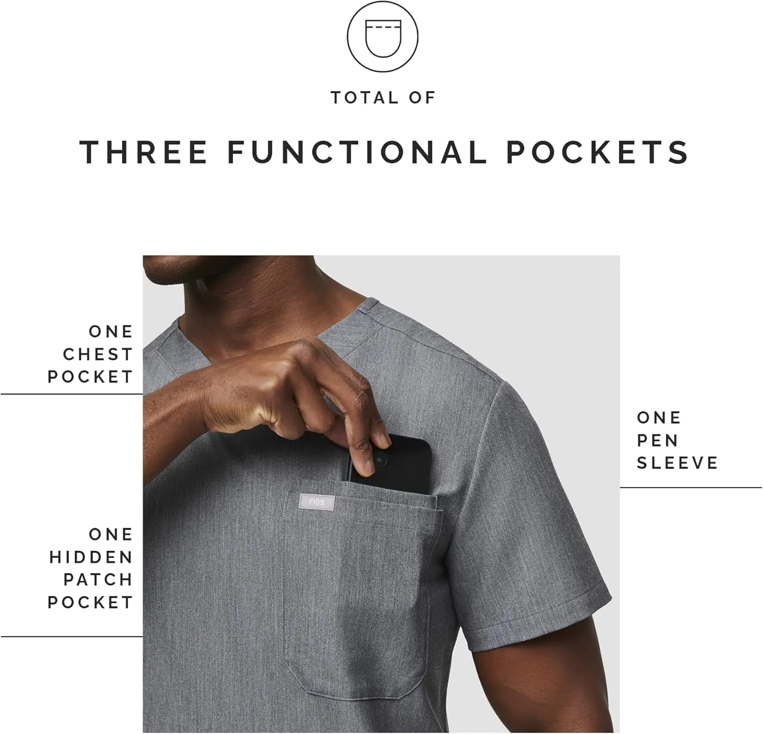 FIGS Leon Scrub Top for Men  3 Pockets, Tailored Fit, Modern V-Neck, 4-Way Stretch, Moisture-Wicking
