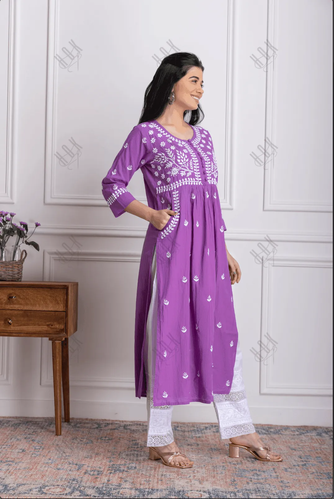 Fizaa Chikankari Kurti for Women With Pocket  - Purple
