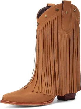 Fringe Cowboy Boots for Women  Mid Calf Cowgirl Boots with Star Studded, Pointed Toe and Chunky Heel, Perfect for Country Music Festivals