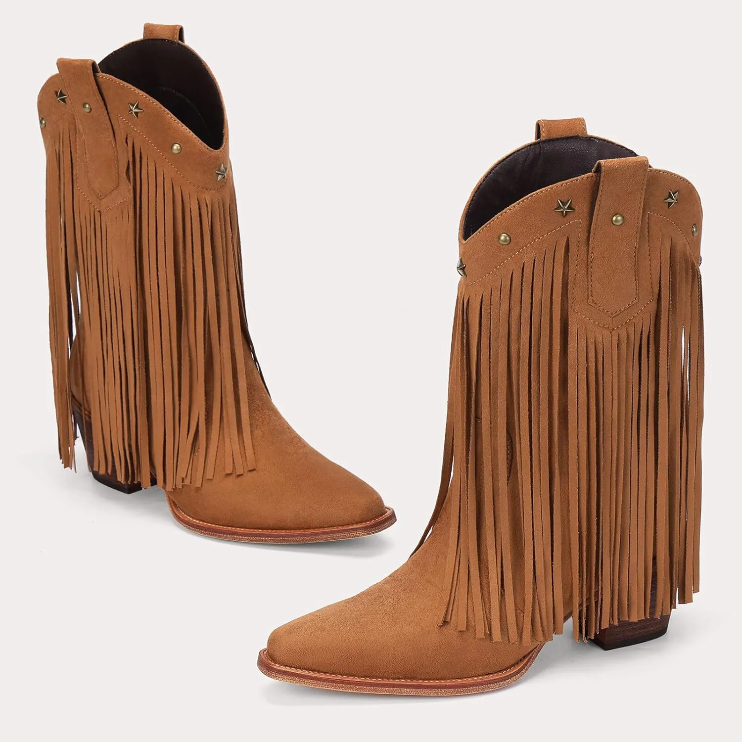 Fringe Cowboy Boots for Women  Mid Calf Cowgirl Boots with Star Studded, Pointed Toe and Chunky Heel, Perfect for Country Music Festivals