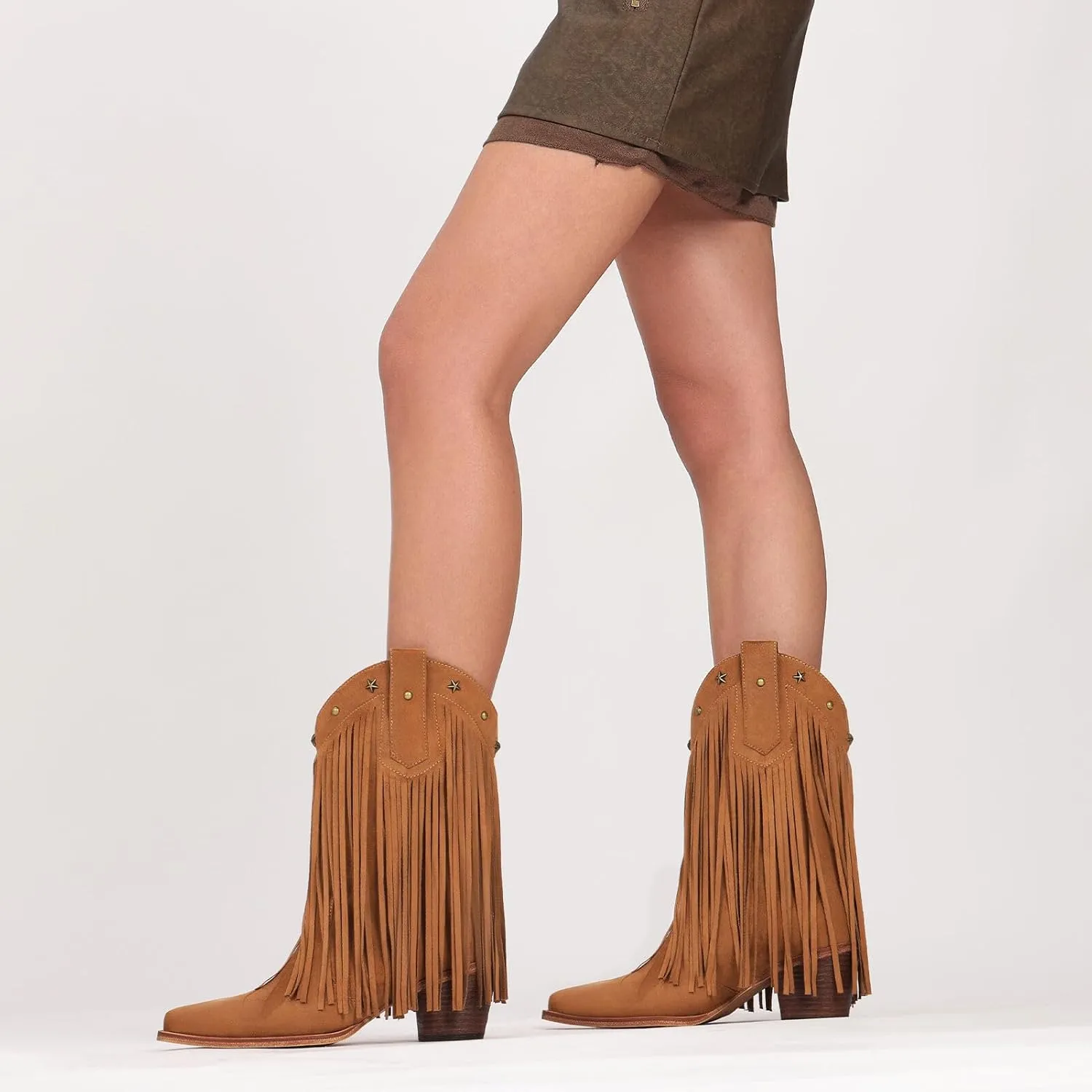 Fringe Cowboy Boots for Women  Mid Calf Cowgirl Boots with Star Studded, Pointed Toe and Chunky Heel, Perfect for Country Music Festivals