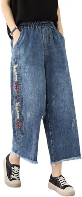 FTCayanz Women's Wide Leg Jeans Elastic Waist Baggy Casual Loose Trendy Denim Pants with Pockets