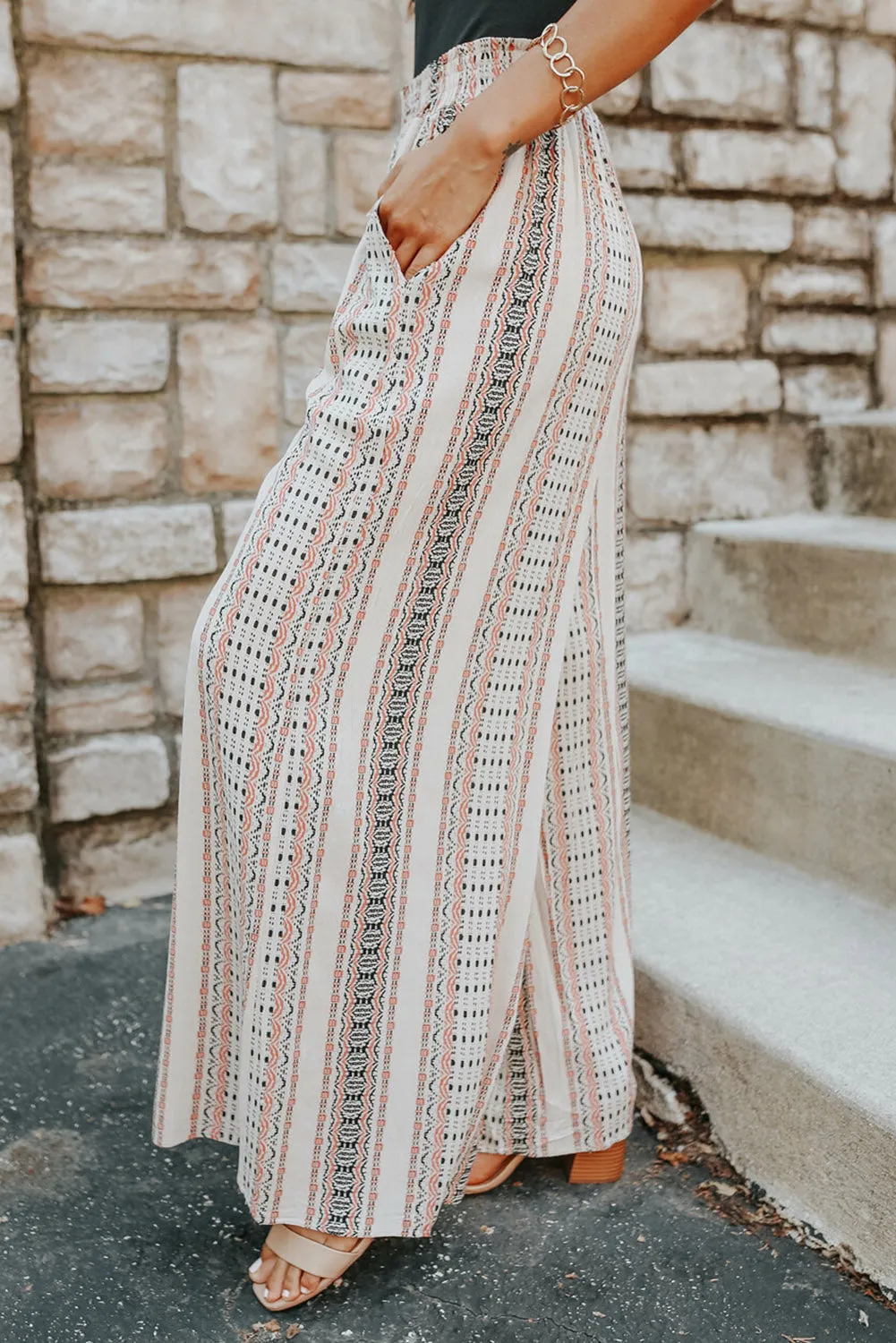 Geometric Pattern Print Shirred Wide Leg Pants