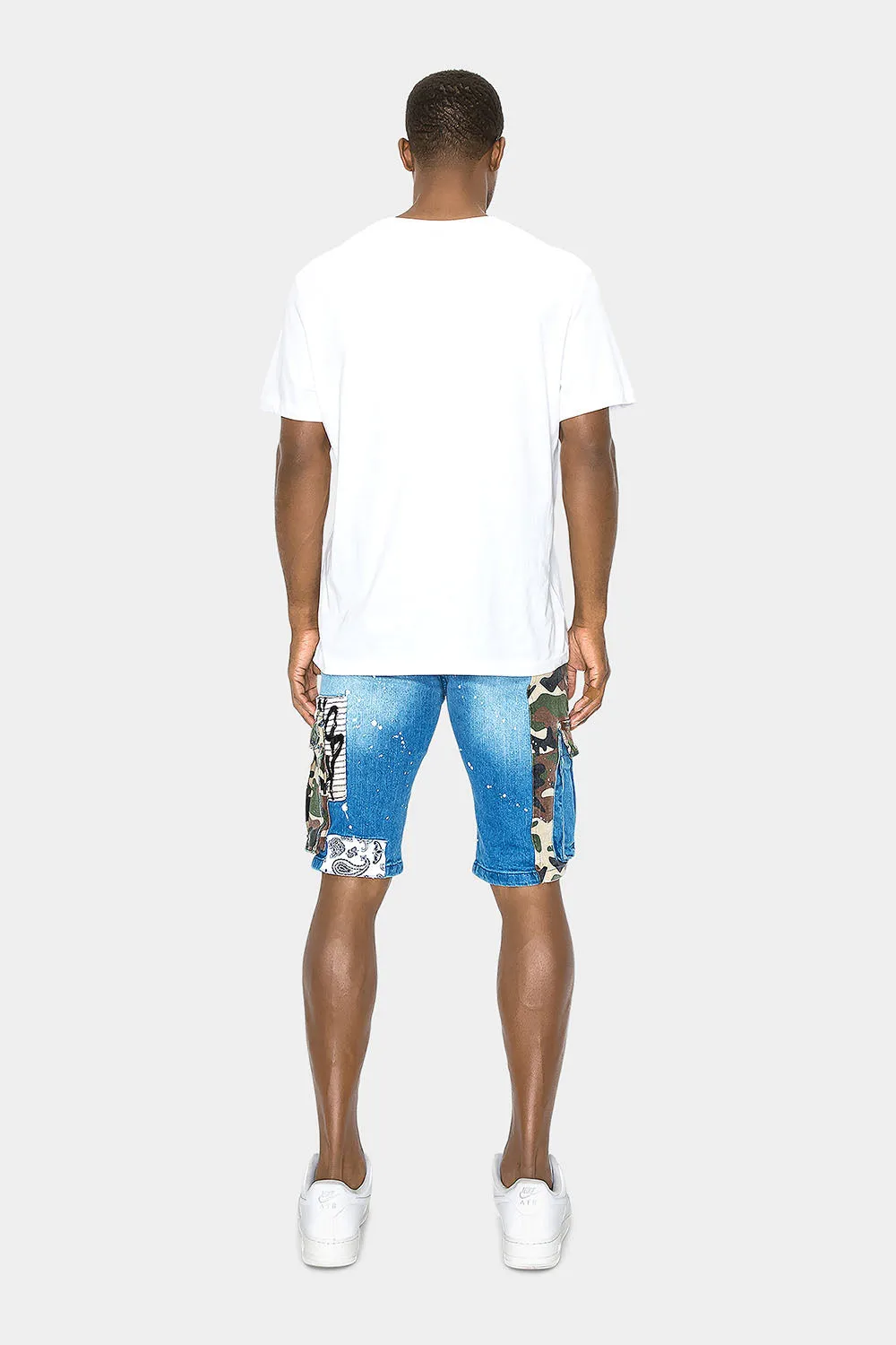 Graffiti Mixed Camo Cargo Denim Shorts