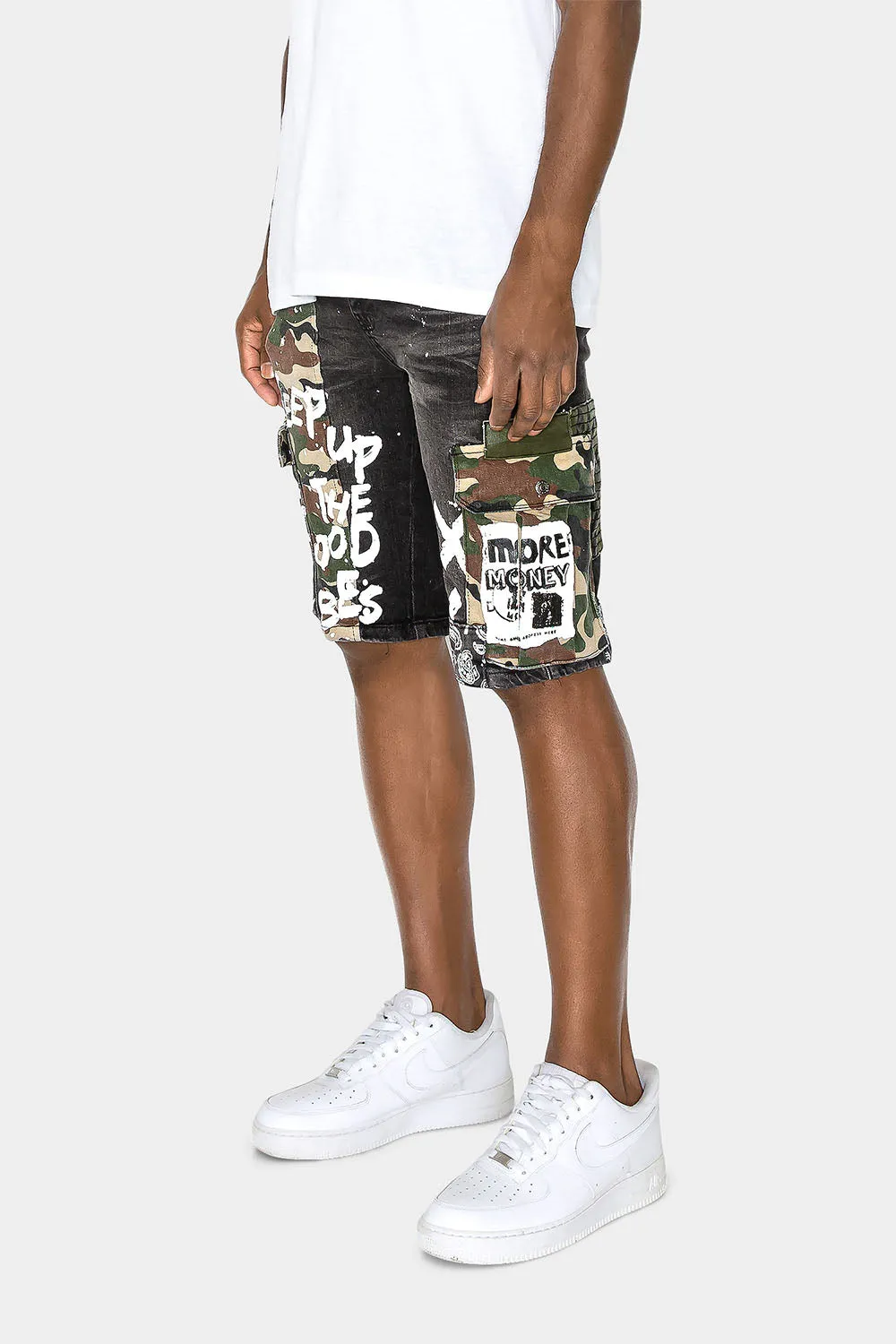Graffiti Mixed Camo Cargo Denim Shorts