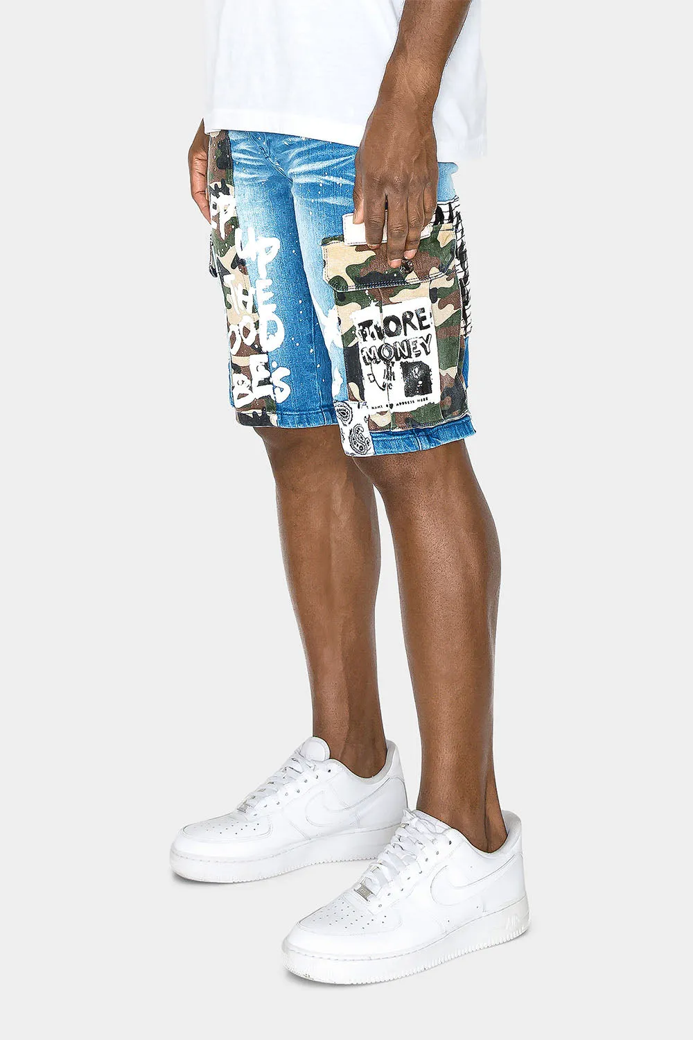 Graffiti Mixed Camo Cargo Denim Shorts