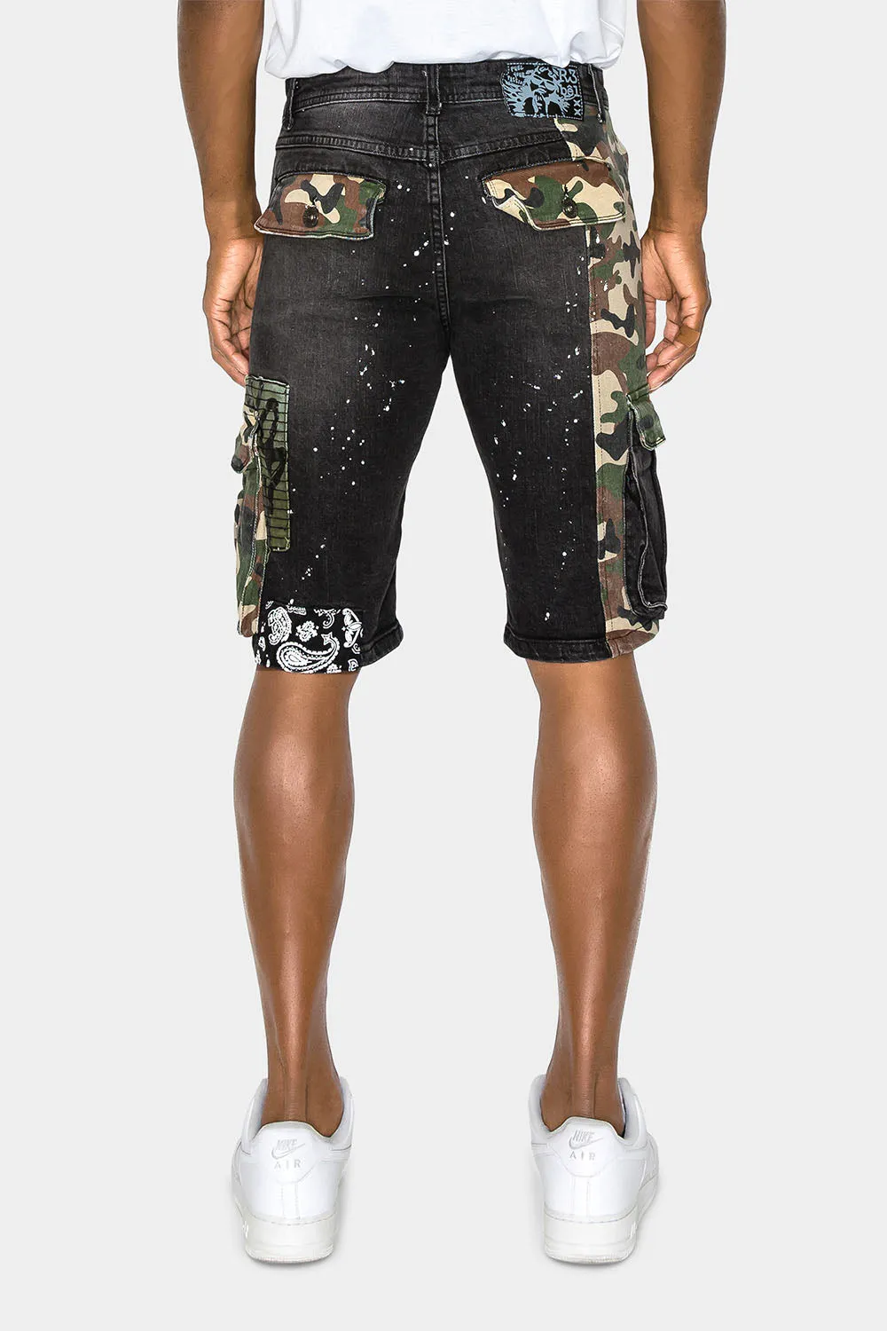 Graffiti Mixed Camo Cargo Denim Shorts