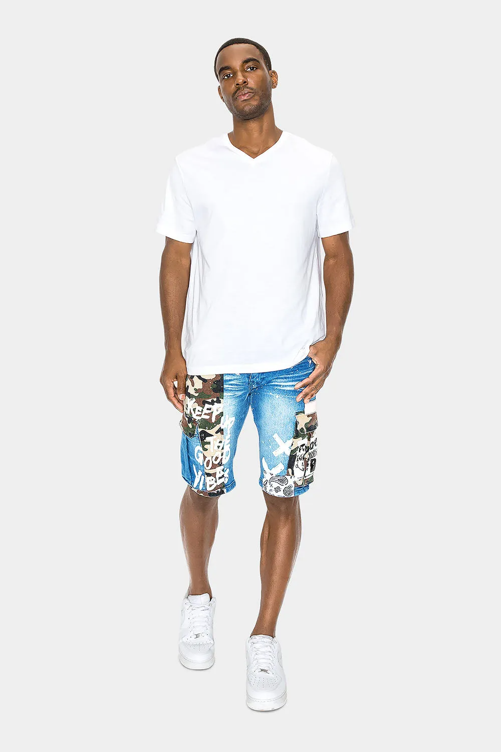 Graffiti Mixed Camo Cargo Denim Shorts
