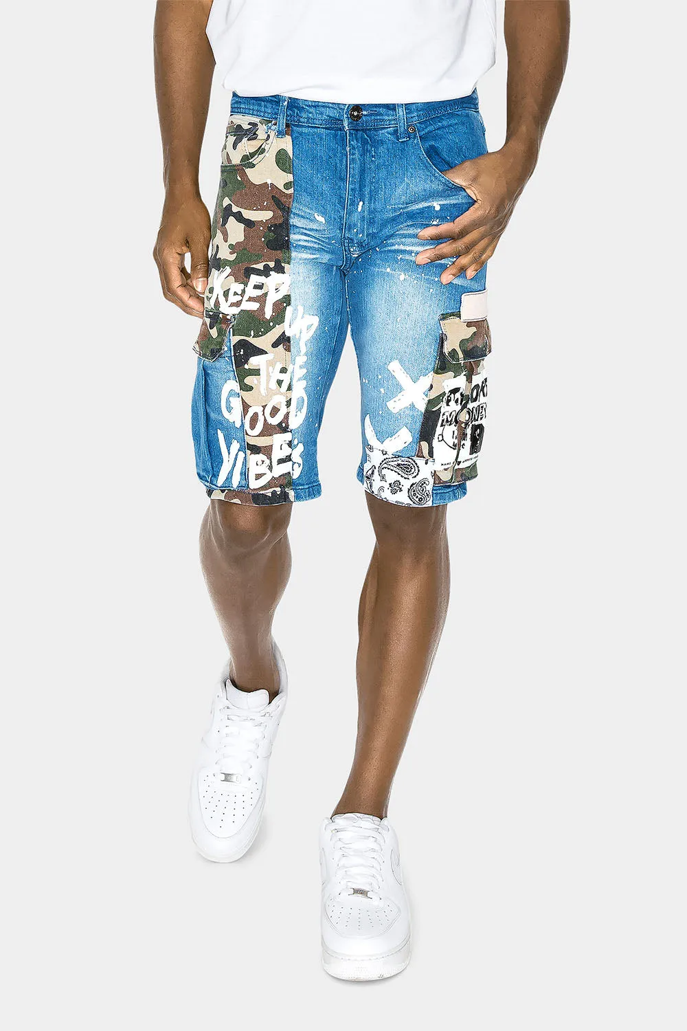 Graffiti Mixed Camo Cargo Denim Shorts