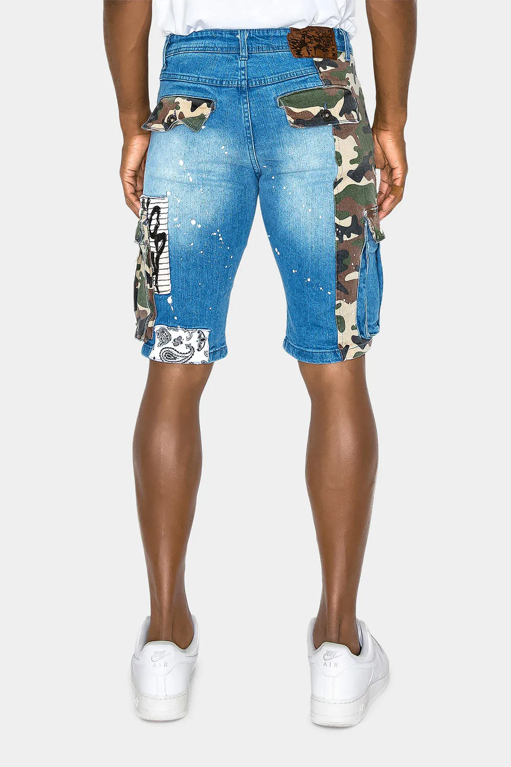 Graffiti Mixed Camo Cargo Denim Shorts