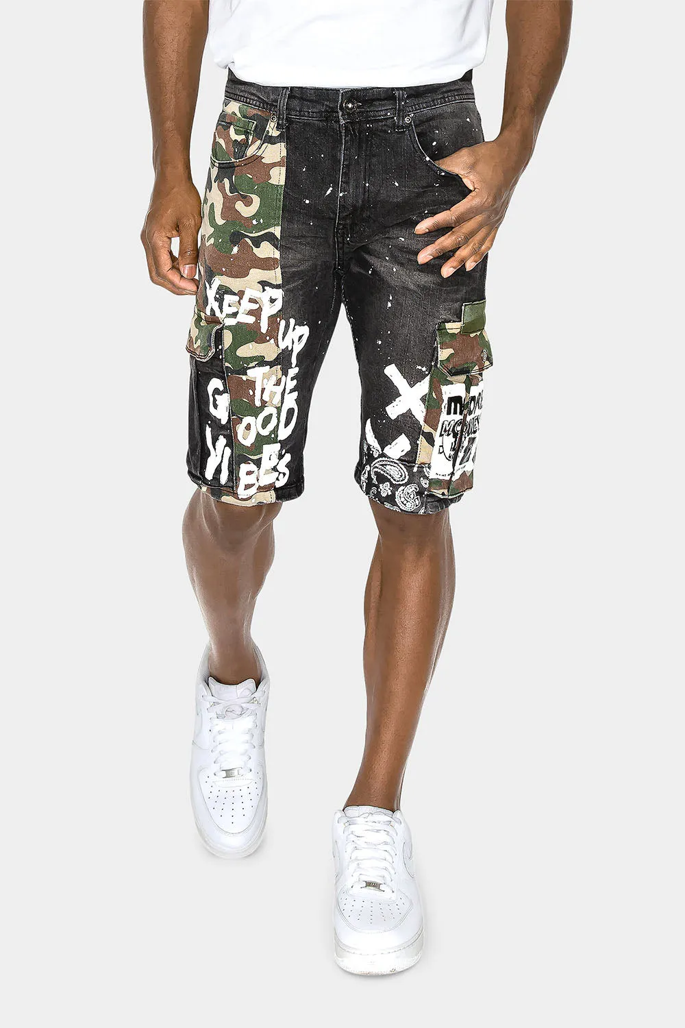 Graffiti Mixed Camo Cargo Denim Shorts