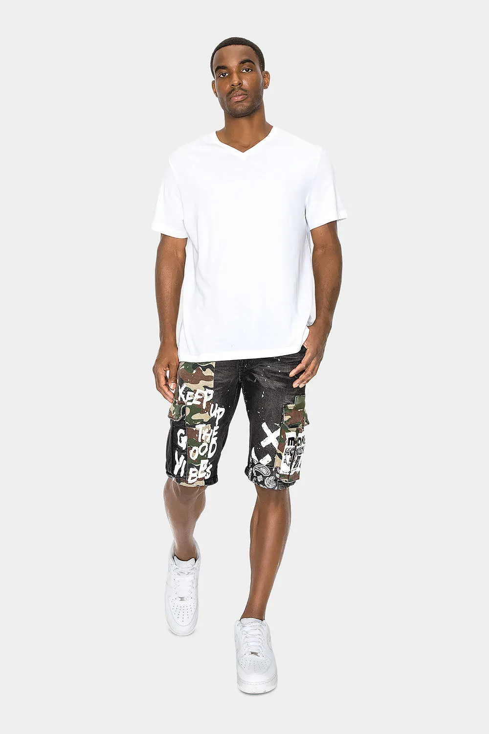 Graffiti Mixed Camo Cargo Denim Shorts