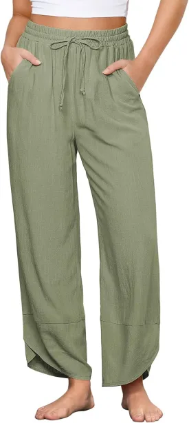 GRAPENT Linen Pants Women High Waisted Wide Leg Casual Beach Pull On Elastic Waist Summer Cropped Pants with Pockets