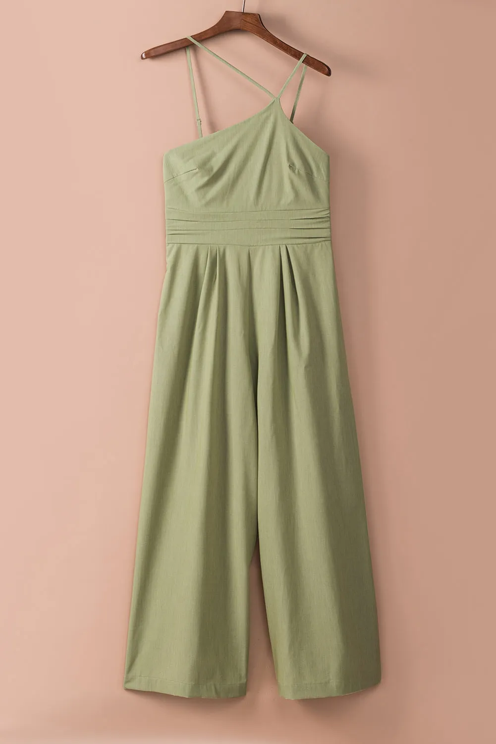 Green Asymmetric Thin Straps One-shoulder Wide Leg Jumpsuit
