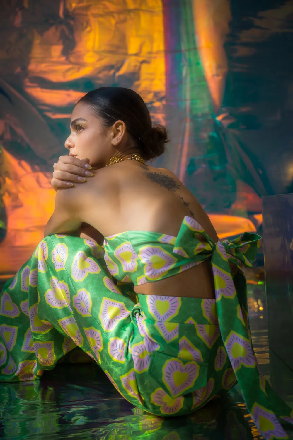 Green Ring Bralette & Pants Set In Blinding Hearts