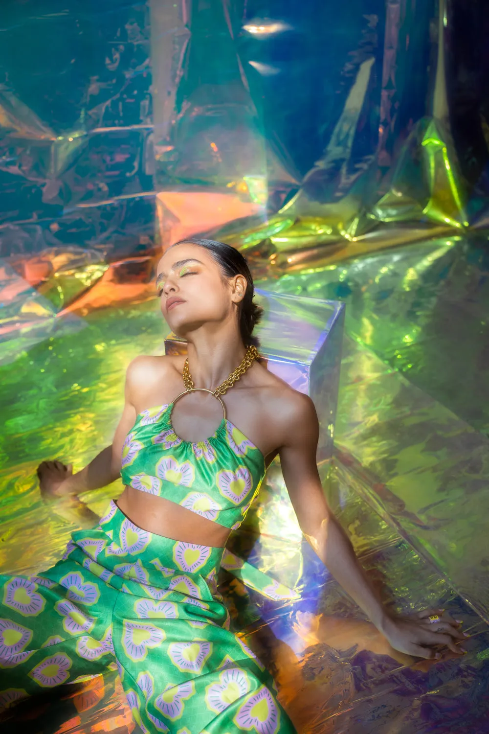 Green Ring Bralette & Pants Set In Blinding Hearts