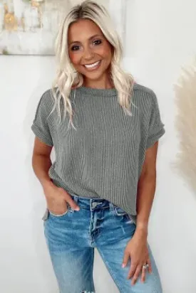 Grey Textured Knit Exposed Stitching T-shirt