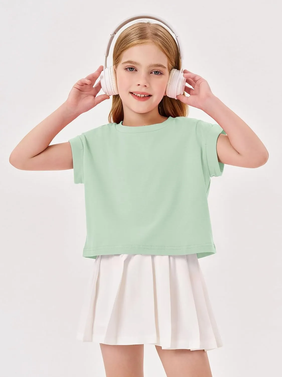 Haloumoning Girls Short Sleeve T-Shirts Crop Top Rolled Sleeve Round Neck Solid Loose Basic Tees for Summer