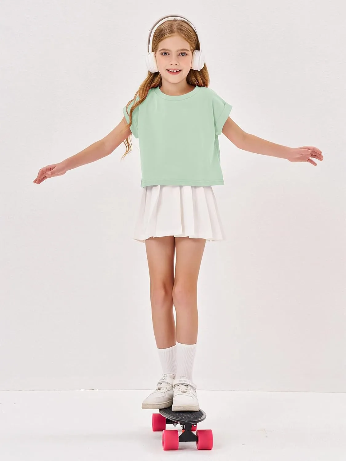 Haloumoning Girls Short Sleeve T-Shirts Crop Top Rolled Sleeve Round Neck Solid Loose Basic Tees for Summer