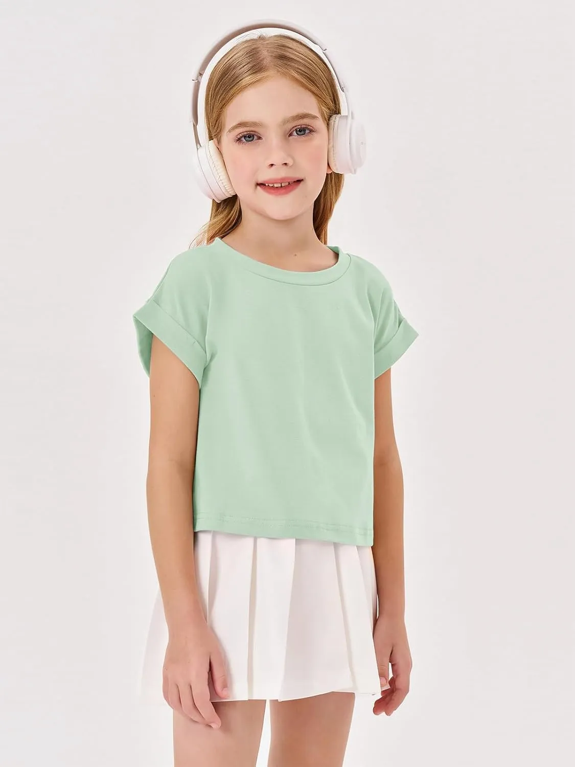 Haloumoning Girls Short Sleeve T-Shirts Crop Top Rolled Sleeve Round Neck Solid Loose Basic Tees for Summer