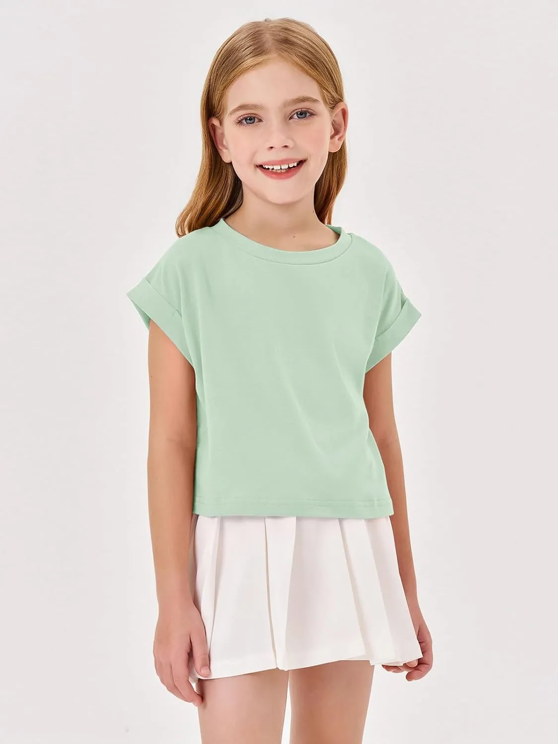 Haloumoning Girls Short Sleeve T-Shirts Crop Top Rolled Sleeve Round Neck Solid Loose Basic Tees for Summer