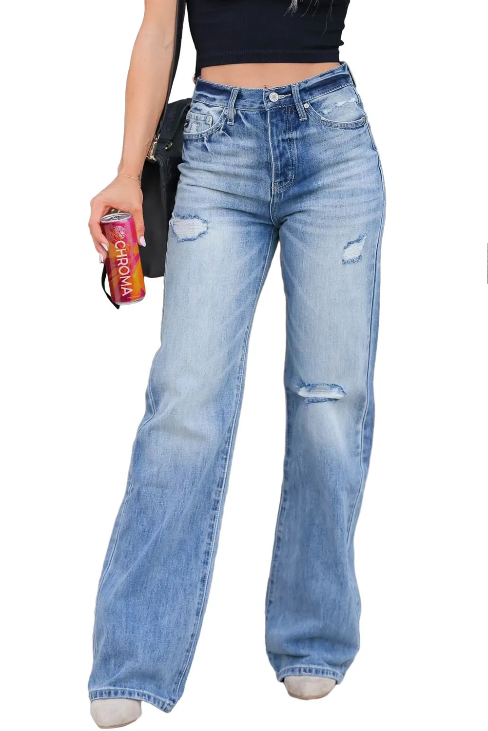High Rise Distressed Straight Leg Jeans