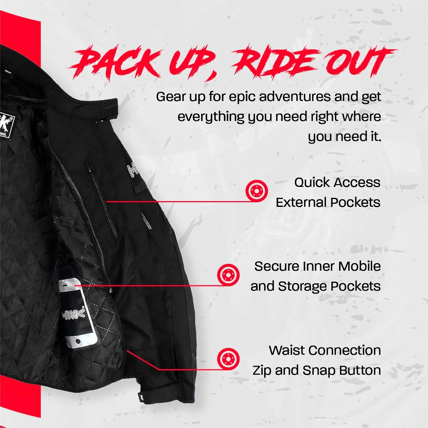 HWK Waterproof Motorcycle Jacket for Men & Women with CE Armor - High Visibility Motorcycle Jacket with Adjustable Polyester Gear for Dirt Bike Enduro Racing, All-Black, M