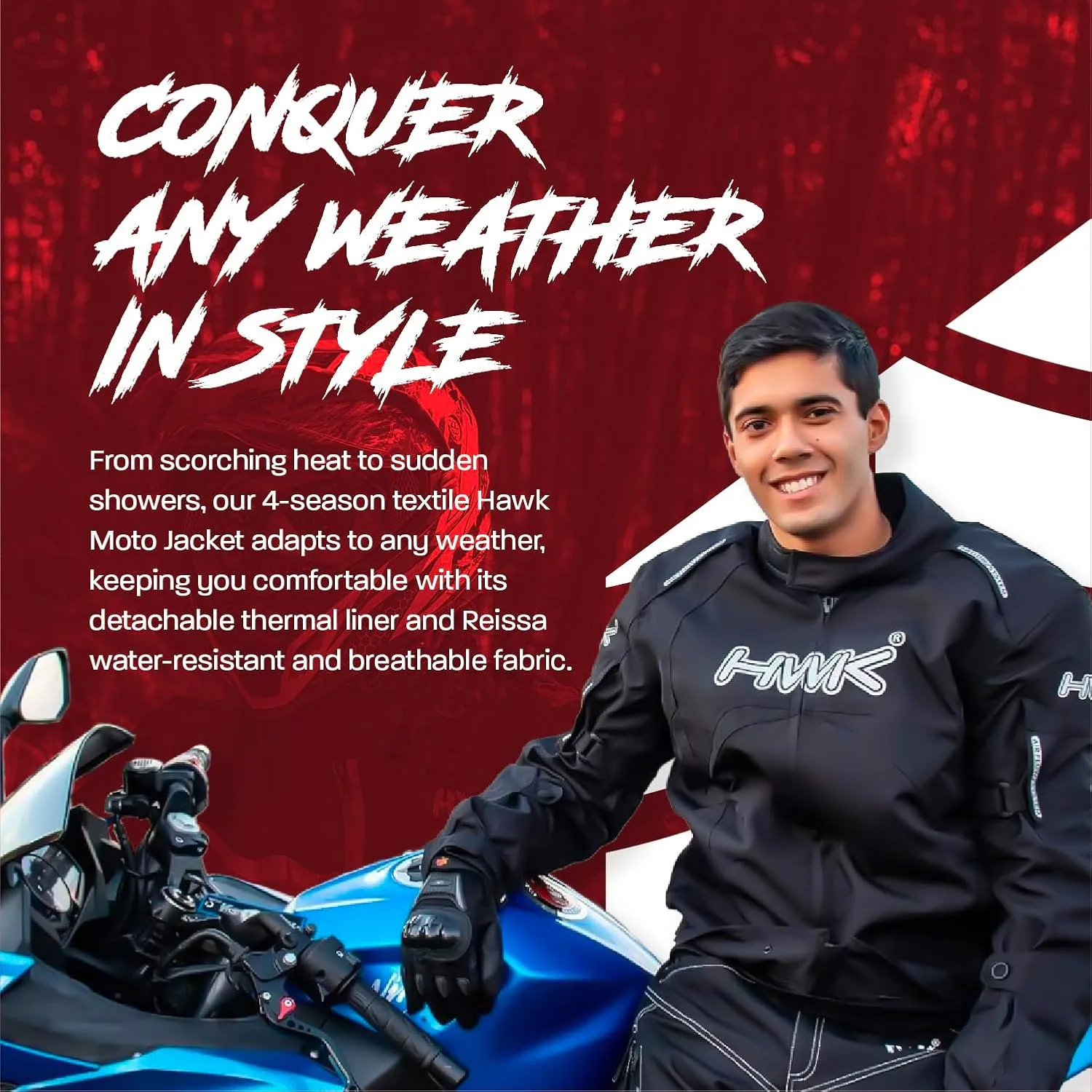 HWK Waterproof Motorcycle Jacket for Men & Women with CE Armor - High Visibility Motorcycle Jacket with Adjustable Polyester Gear for Dirt Bike Enduro Racing, All-Black, M