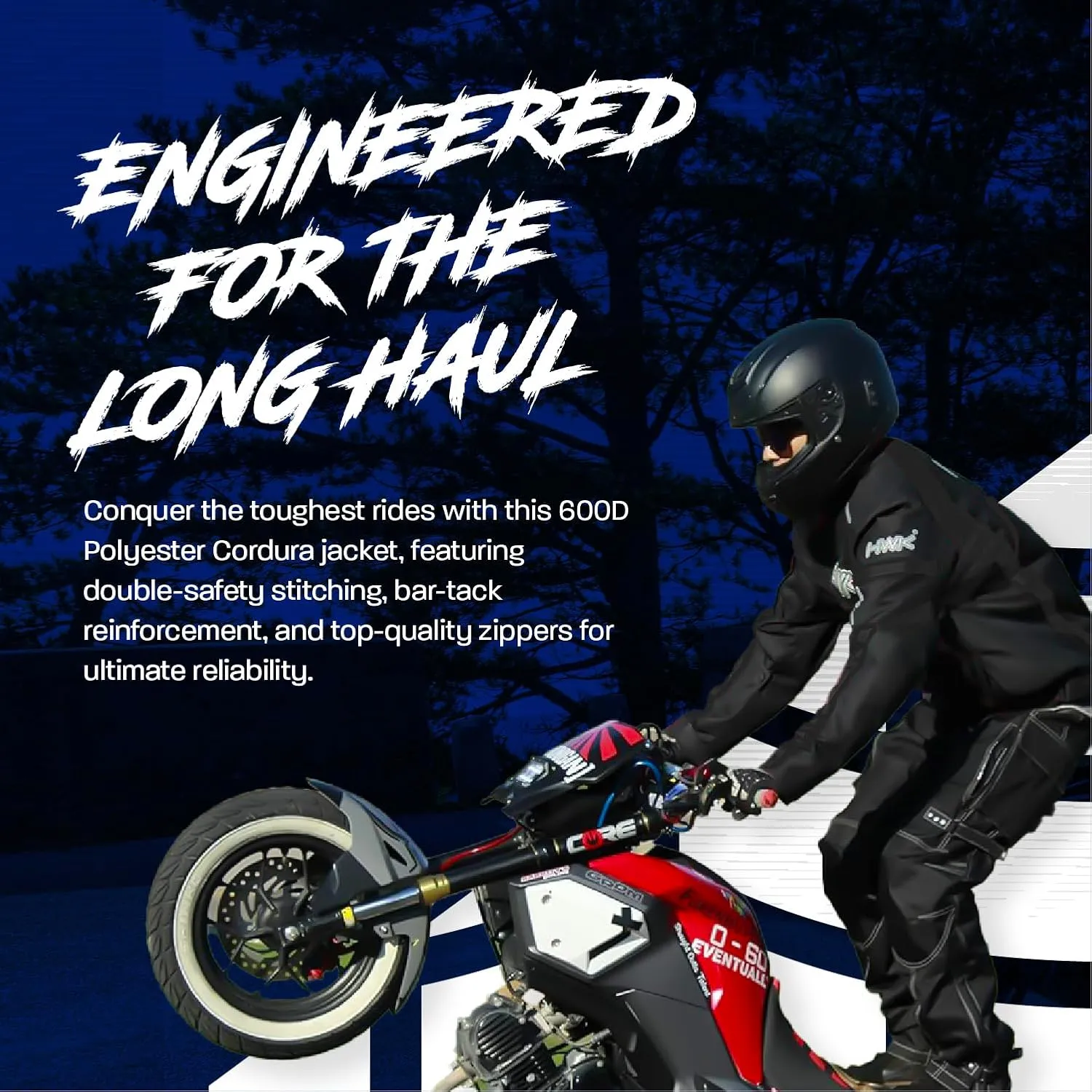 HWK Waterproof Motorcycle Jacket for Men & Women with CE Armor - High Visibility Motorcycle Jacket with Adjustable Polyester Gear for Dirt Bike Enduro Racing, All-Black, M