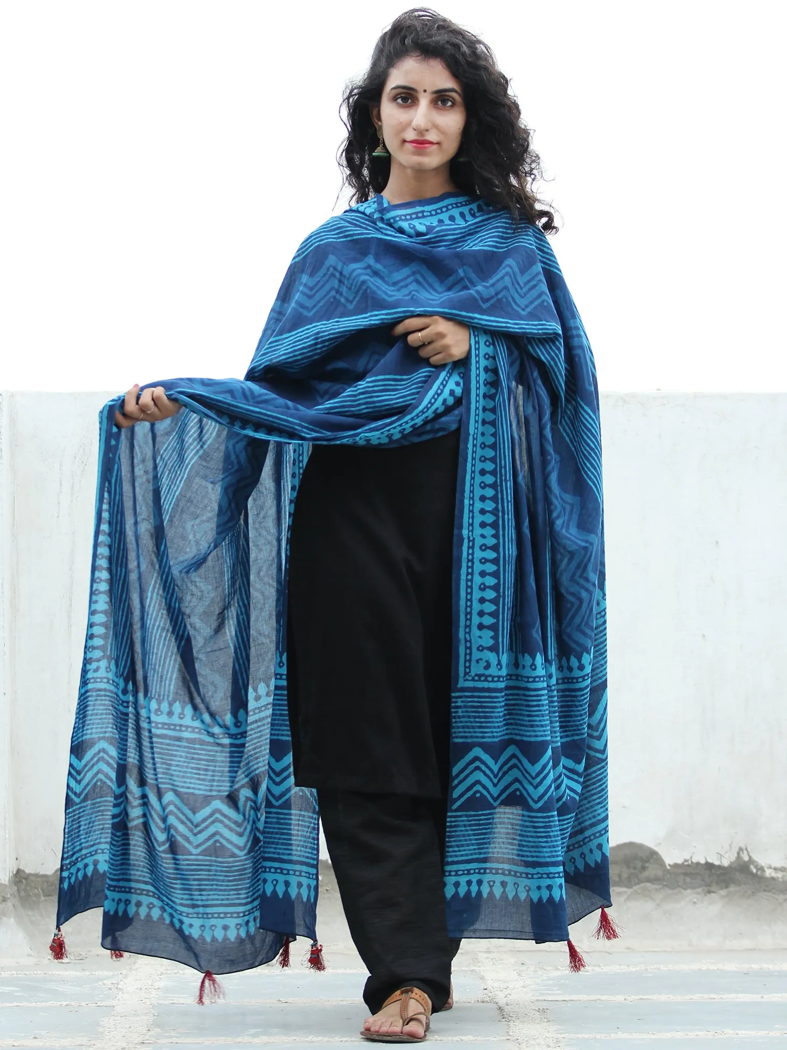 Indigo Blue Handloom Cotton Hand Block Printed Dupatta With Tassel - D04170386