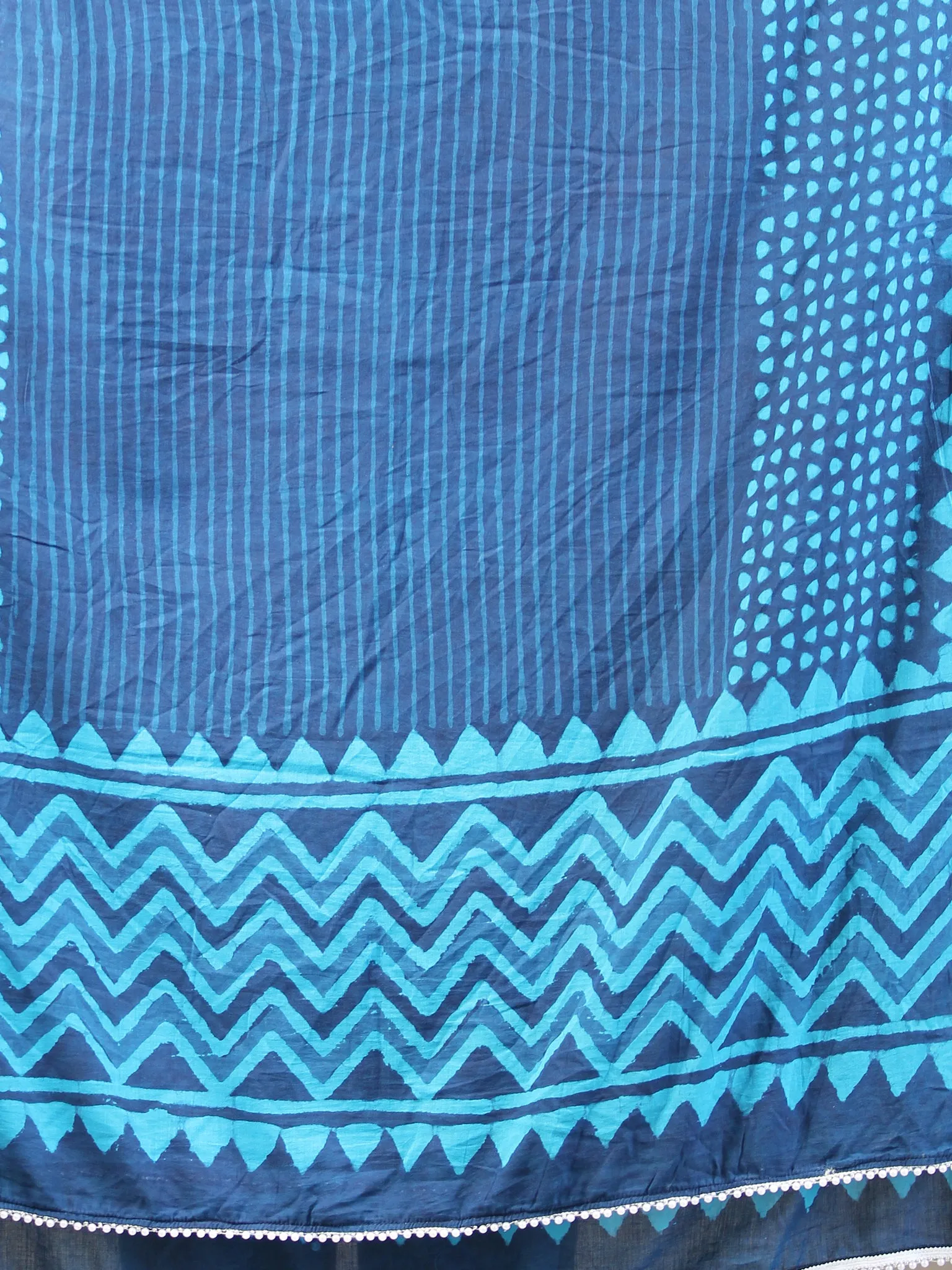 Indigo Sky Blue Handloom Cotton Hand Block Printed Dupatta With Lace - D04170395
