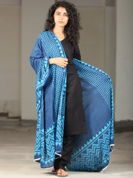 Indigo Sky Blue Handloom Cotton Hand Block Printed Dupatta With Lace - D04170395