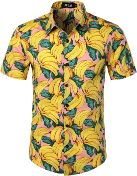 JOGAL Men's Cotton Button Down Short Sleeve Hawaiian Shirt