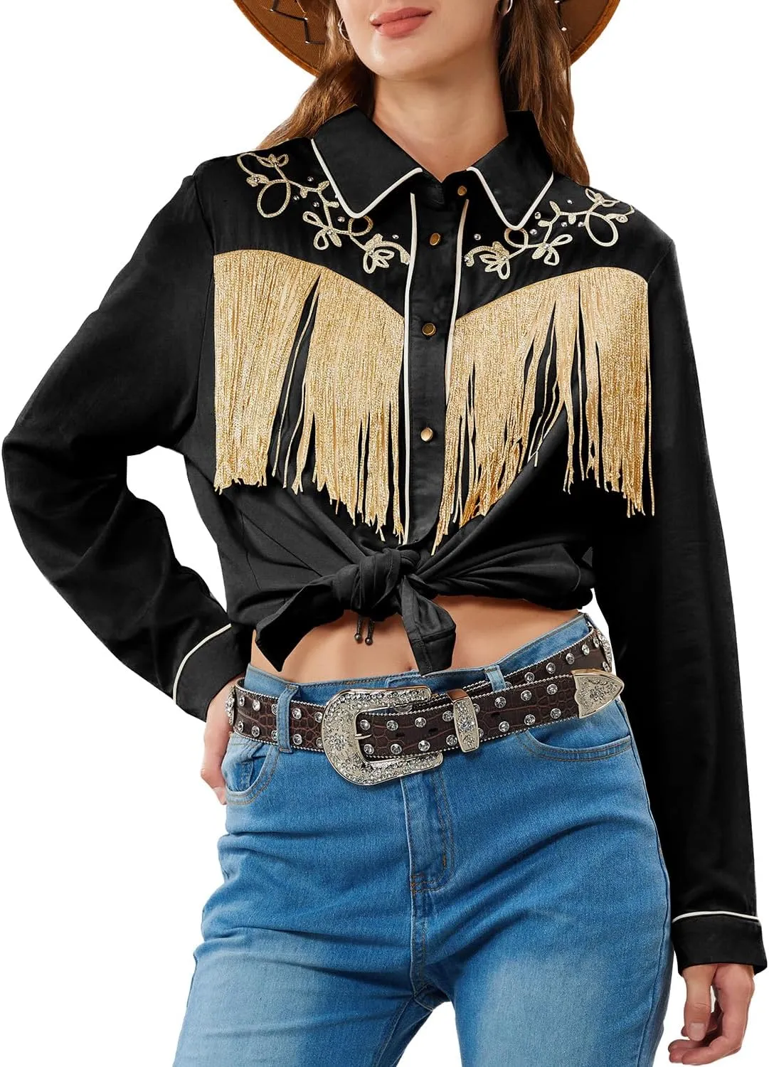 JOHN MOON Women's Fringe Western Button Down Shirts with Studs Floral Embroidered Cowgirl Tops Country Style Snap Blouses