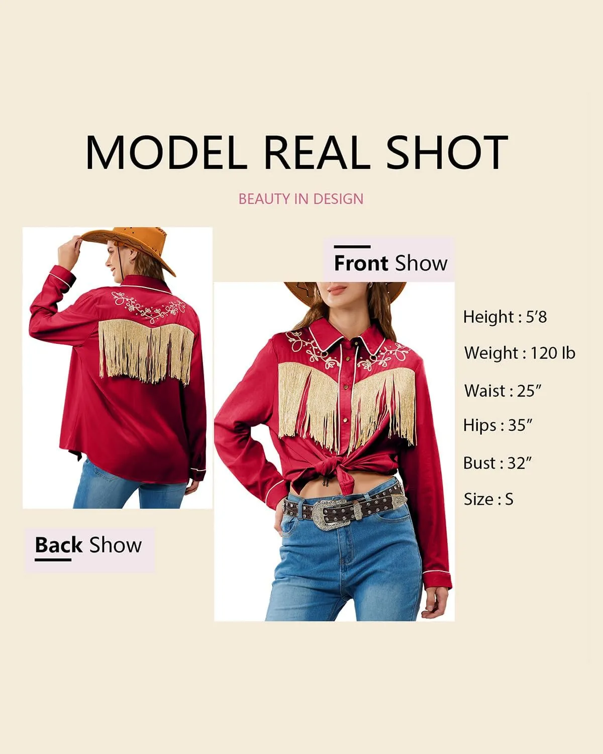 JOHN MOON Women's Fringe Western Button Down Shirts with Studs Floral Embroidered Cowgirl Tops Country Style Snap Blouses