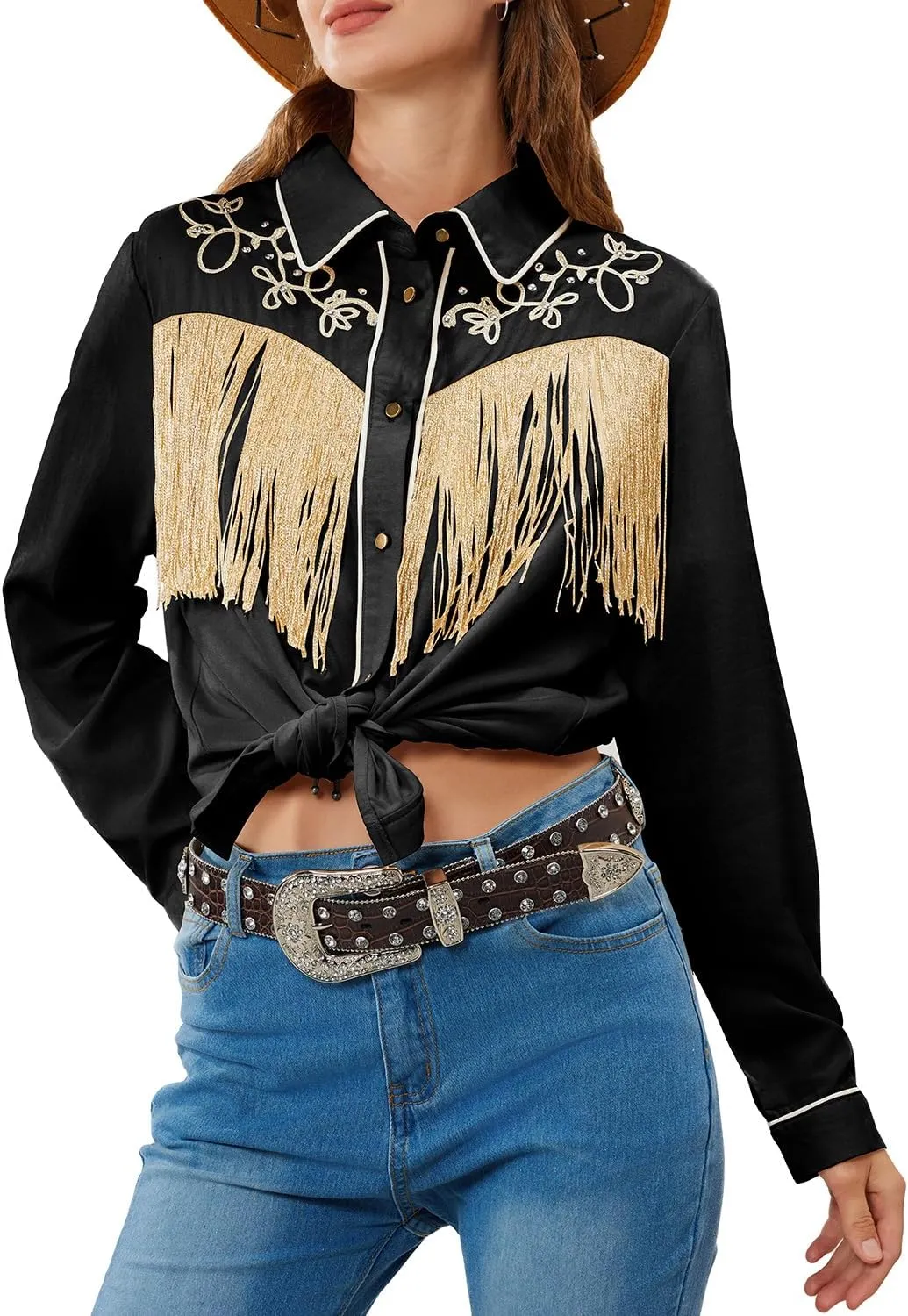 JOHN MOON Women's Fringe Western Button Down Shirts with Studs Floral Embroidered Cowgirl Tops Country Style Snap Blouses