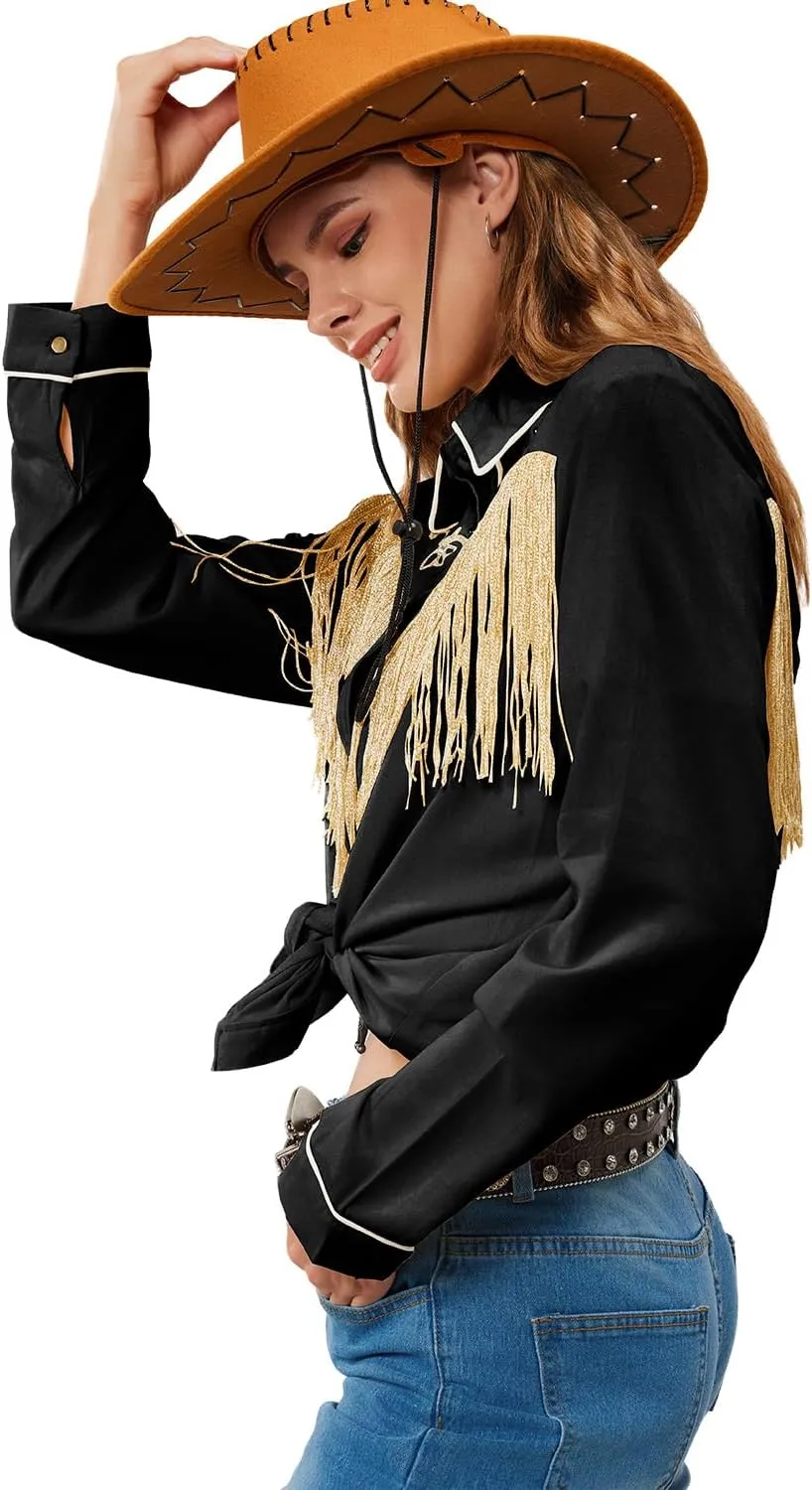 JOHN MOON Women's Fringe Western Button Down Shirts with Studs Floral Embroidered Cowgirl Tops Country Style Snap Blouses