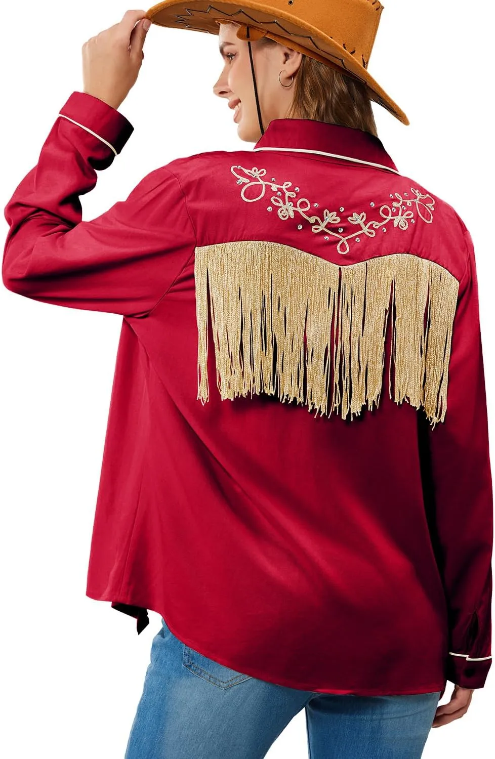 JOHN MOON Women's Fringe Western Button Down Shirts with Studs Floral Embroidered Cowgirl Tops Country Style Snap Blouses