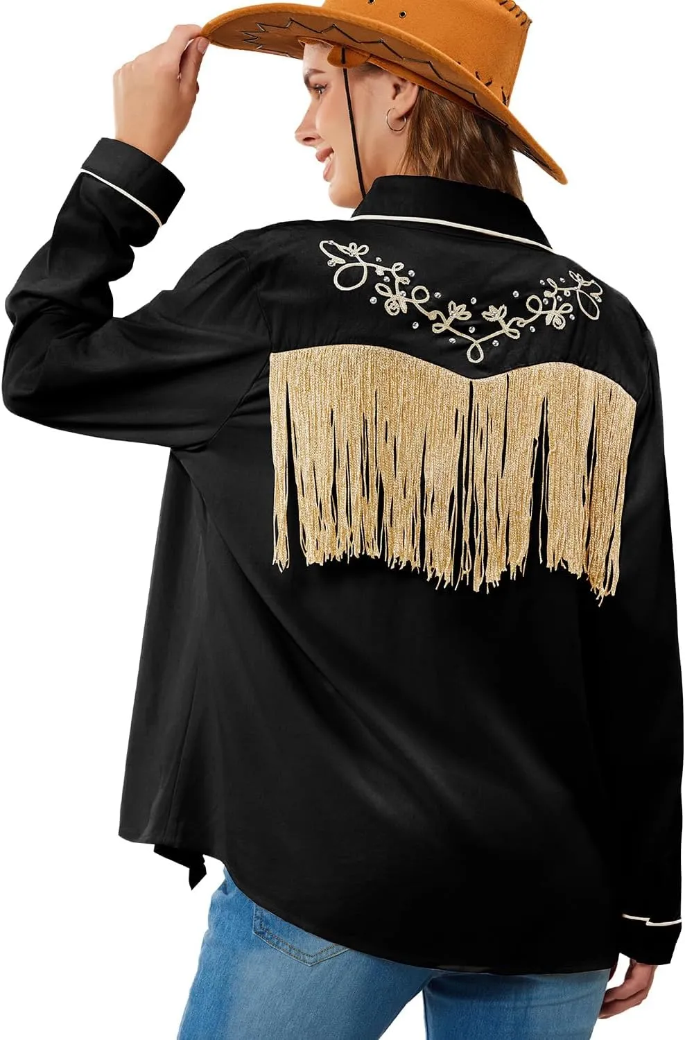JOHN MOON Women's Fringe Western Button Down Shirts with Studs Floral Embroidered Cowgirl Tops Country Style Snap Blouses