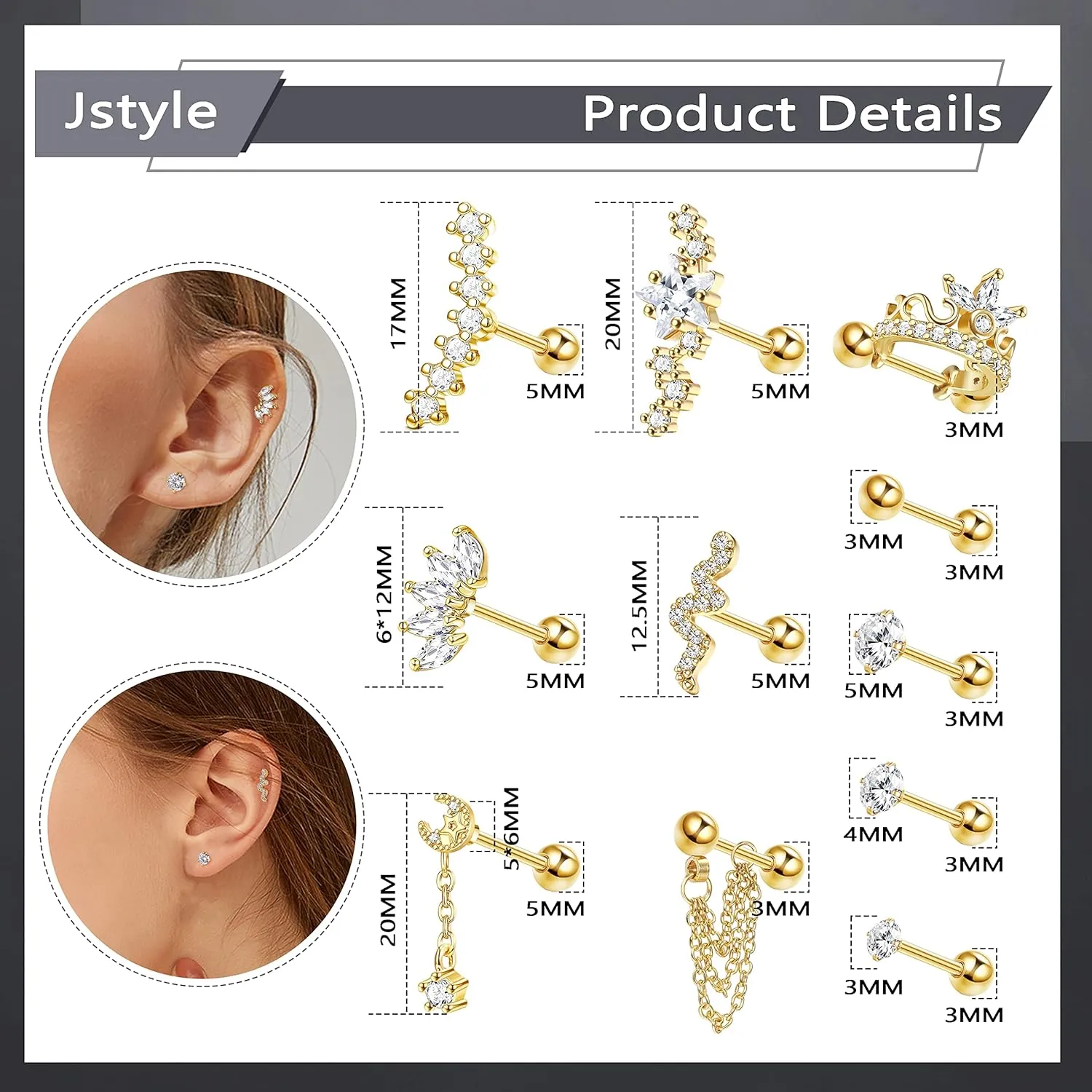 Jstyle 16 Gauge Cartilage Earrings for Women Hypoallergenic Surgical Stainless Steel Earring Sets for Multiple Piercing Daith Conch Tragus Helix Piercing Jewelry